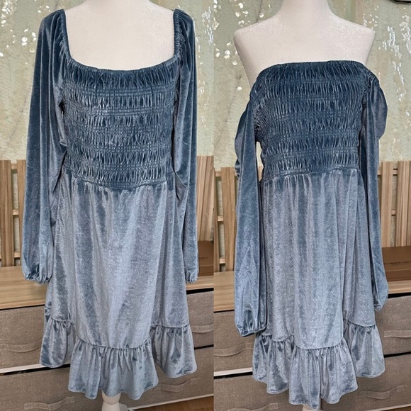 NWT LC Lauren Conrad Velvet Dress - BLUE Smocked Ruffle Women Size L - midi - Picture 4 of 12